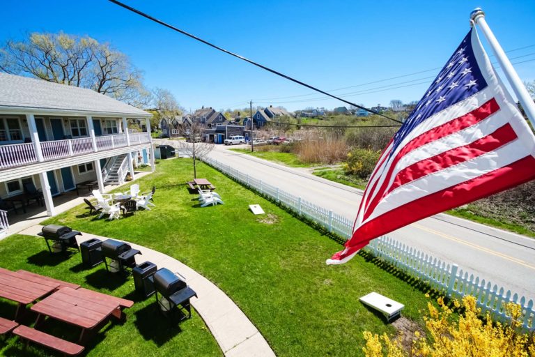Photo of resort with flying American flag